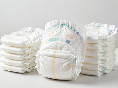 Bright high-key studio shot of unbranded white diapers neatly stacked on a clean surface, clinical aesthetic, soft neutral tones.