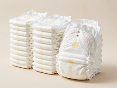 Studio shot of a neat stack of white pet diapers with tail holes, soft shadows, neutral background
