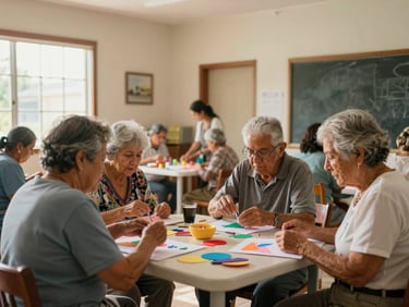 Wide interior shot of a sunlit activity room in a Colombian care home, elderly residents seated around a table doing crafts together, hands visible handling colorful materials, soft natural window light from the left, staff member visible in background, warm and unhurried atmosphere