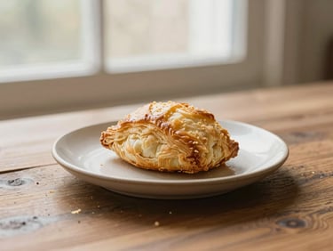 A golden, flaky pastry on a minimalist ceramic plate, crumbs on a rustic wooden table under soft morning window light, warm tones