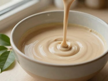 Soft-focus shot of a botanical hair treatment being mixed in a ceramic bowl, fresh green leaves nearby, warm tones