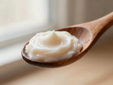 Macro detail of rich beauty cream on a polished wooden spoon, soft diffused lighting, elegant aesthetic