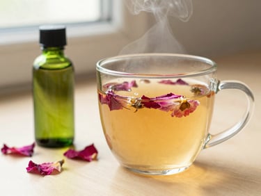 A steaming glass mug of botanical tea with floating rose petals, placed near a green glass bottle of hair treatment oil, warm diffused lighting, 35mm photography