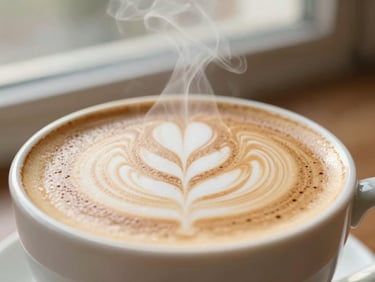 Close-up of elegant latte art in a ceramic cup, warm steam rising, soft morning window light, 35mm