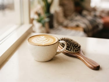 Warm editorial photography, close-up of latte art next to an elegant wooden hairbrush on a polished cream surface, soft natural window light, shallow depth of field, 35mm.