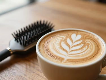 Close-up shot of elegant latte art in a warm ceramic cup, sitting next to a professional hair styling brush on a polished wooden surface, soft natural light, shallow depth of field