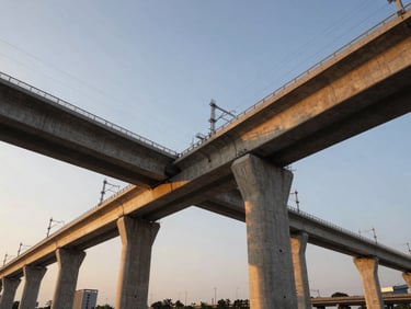 Wide panoramic view of the Guangzhou-Shenzhen-Hong Kong Express Rail Link viaduct at golden hour, completed concrete box girders and overhead catenary system visible, low horizon, expansive sky, no workers, full operational infrastructure