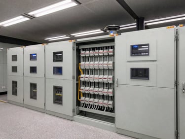 Wide environmental view of Hong Kong MTR station electrical switchgear room, completed HV/LV installation with cable trays and switchboards neatly terminated, overcast daylight through ventilation louvres, no workers present, finished and commissioned