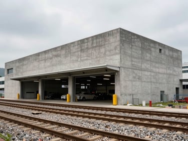 Completed railway depot extension building in Hong Kong, exterior view showing finished precast concrete facade and covered maintenance bays, overcast daylight, rail tracks entering the facility at grade, no construction activity