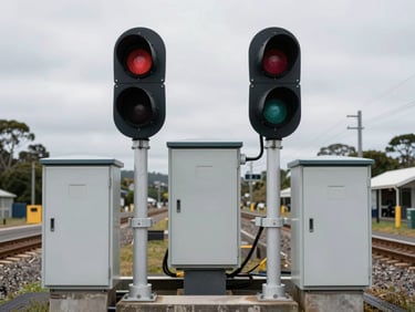 Completed ramp signalling equipment installation at a New Zealand rail terminus, close-up of finished signal gantry and trackside equipment cabinets, overcast southern hemisphere daylight, no workers, commissioned and operational