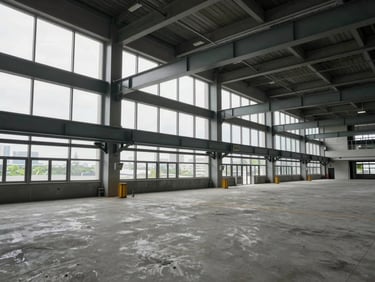 Wide interior view of a completed MTR depot facility, overcast daylight through high clerestory windows, finished concrete floor and steel maintenance gantries in sharp focus — a placeholder representing Vincent Lin's project environment