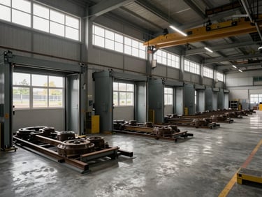 Wide interior of a completed railway depot maintenance facility, overcast daylight through clerestory windows, wheelset maintenance bays in precise alignment, finished concrete floor and overhead crane rail visible, no workers, no construction debris