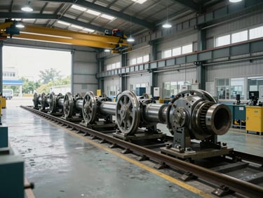 Interior of a completed railway wheelset maintenance centre, overhead crane rail visible, precision-machined floor channels for wheelset carriers, finished industrial lighting installed, no workers, facility ready for operation, overcast exterior light through clerestory windows