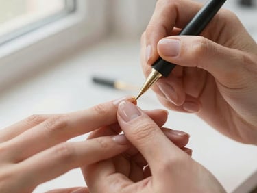 Extremely close up of hands painting fine golden lines on a manicured nail, artist workspace, warm tones