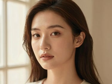 Soft focus portrait of a woman with elegant, natural event makeup, warm golden hour window light, editorial look
