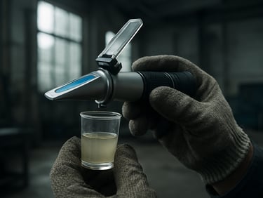 Close-up macro of a refractometer held over a fluid sample in a maintenance bay, diffused daylight from a factory window, steel and concrete environment, hands in work gloves visible
