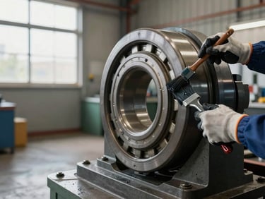 Wide shot from the side of a maintenance technician's gloved hands applying dark grease with a brush to an open large industrial bearing mounted on a machine frame, concrete floor visible below, natural north-facing daylight from a factory window on the left, grease texture and bearing race detail sharp in focus, no face visible