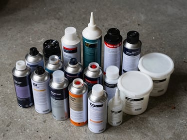 Overhead catalog arrangement of industrial aerosol cans and adhesive containers on a concrete floor, studio strobe lighting showing label detail and product scale, no lifestyle props