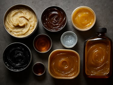 Overhead macro arrangement of industrial grease tubs and oil containers on a steel workshop surface, studio strobe lighting revealing true color and viscosity of each product, concrete background