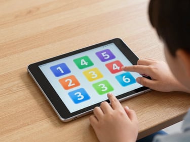Small child's fingers tapping an Android tablet resting on a wooden table, ambient classroom light, screen displaying a colorful number-sorting game with large icons, tight crop