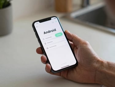 Senior's hand holding an Android phone at a kitchen table, soft ambient morning light, screen showing a medication-reminder app with large text, high contrast buttons, and simple single-column layout, tight crop