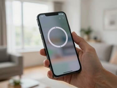 Adult hand holding an Android phone in a bright living room, natural window light, screen showing a focus-timer app with a single large countdown circle and muted background, tight crop on screen