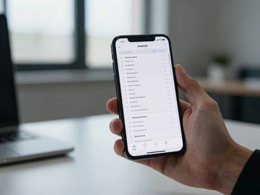 Adult hand holding an Android phone at a standing desk, ambient office window light, screen showing a task-list app with dense information hierarchy and compact rows, tight crop on hand and screen