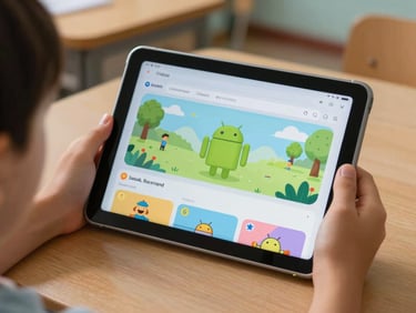 Child's small hands holding an Android tablet, an educational game UI visible on screen, warm ambient classroom light, tight crop on hands and device