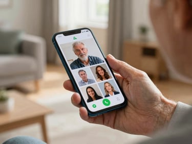 Elderly hand holding an Android phone in a sunlit living room, screen showing a video-call app with a single large green answer button and large contact photo thumbnails, close crop on device and hand
