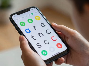 Close-up of a child's hand holding an Android phone in natural indoor light, screen showing a colorful letter-tracing app with large tap targets, tight crop on device and hand