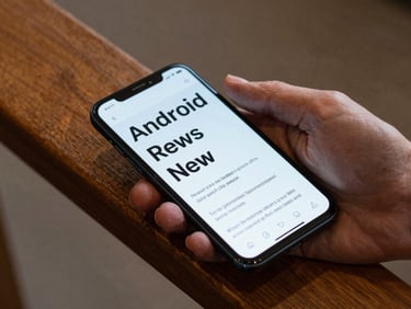 Senior's hand resting on an Android phone on a wooden armrest, soft indoor ambient light, screen showing a news-reader app with extra-large sans-serif headlines and generous line spacing, tight crop