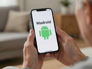 Older adult hands — late sixties — holding an Android phone upright, a wellness app displayed in large readable type, soft living room ambient light, close crop on device and hands