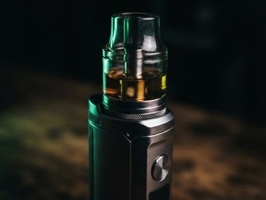 Dramatic macro close-up of a premium glass pod and metallic vape device, low-key lighting with deep shadows and sharp emerald green reflections, 35mm