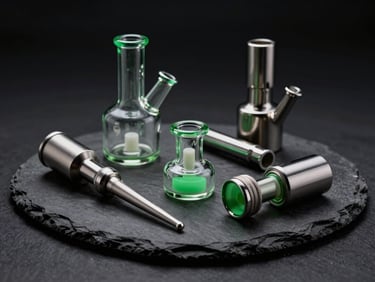 Sleek modern smoking accessories, glass pipes and metal tools arranged elegantly on a dark slate surface, green highlights, 35mm