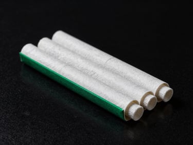 Minimalist packaging of unbleached organic rolling papers and filter tips, resting on dark polished obsidian, dramatic shadows, 35mm