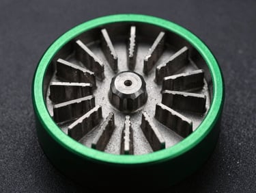 Macro detail of a precision-milled aluminum herb grinder, sharp diamond-cut teeth, dark textured background, emerald green rim lighting, 35mm