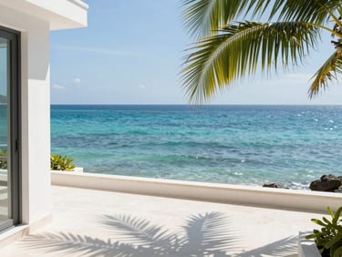 Sun-drenched luxury villa terrace overlooking a calm turquoise ocean, palm fronds casting soft shadows, bright natural daylight, editorial travel photography style