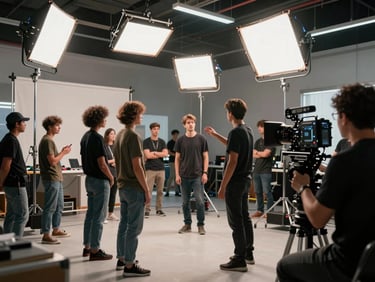 Wide environmental shot of a busy commercial production set, director gesturing to talent mid-scene, overhead key lights rigged above, crew members visible at periphery moving equipment