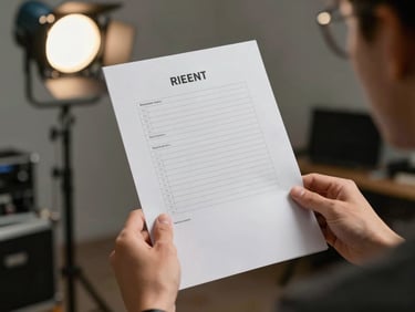 Close-up medium shot, talent reviewing a casting brief sheet held in both hands under production key lights, printed rate card visible, set equipment softly out of focus in background