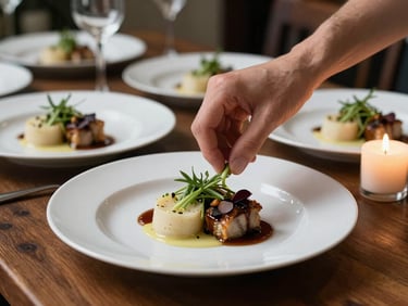 Close-up detail of a private dining table set for eight — hand-placed garnish on a plated first course, soft candlelight from the right, dark wood surface visible at edges, overhead studio light, no people