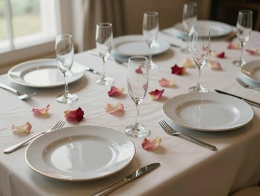 Overhead close-up of a wedding reception table — ivory napery, scattered rose petals, polished charger plates, champagne flutes in precise alignment, soft diffused window light from the left, no people
