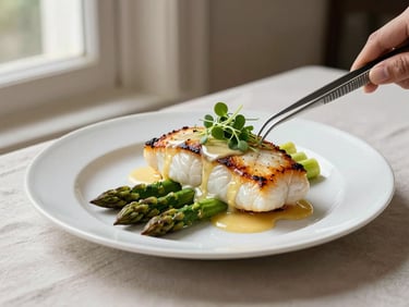 Side-angle studio shot of a plated main course — pan-roasted halibut with beurre blanc, asparagus spears aligned precisely, microgreens placed with tweezers, white porcelain plate on a linen-covered surface, neutral window light from the left