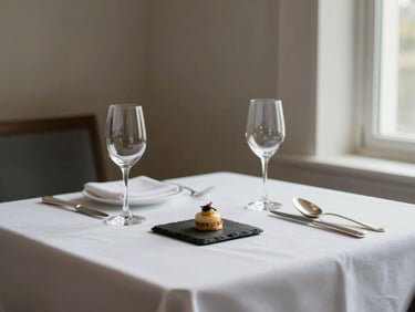Wide shot of a fine dining table set for two — white tablecloth, a single amuse-bouche plated on a slate tile, polished silver cutlery, crystal stemware, clean neutral window light from the right