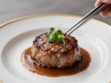 Macro close-up of a precisely plated wedding dinner course — a seared filet medallion resting on a gold-rimmed white plate, sauce applied with pinpoint accuracy, microgreens placed with tweezers, neutral studio light from above