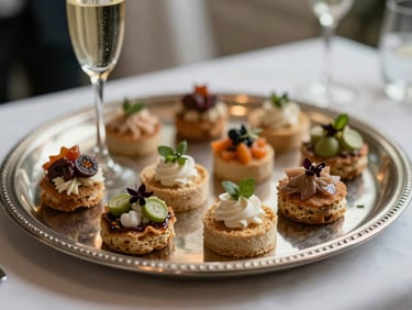 Detail shot of a cocktail reception tray — polished silver tray holding miniature canapes with precise garnishes, a flute of champagne at the edge, soft neutral light, shallow depth of field