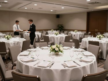 Wide environmental shot of a corporate gala dinner in a conference ballroom — round tables set with white linen and branded menus, service staff positioned at intervals, neutral overhead lighting, no guests visible
