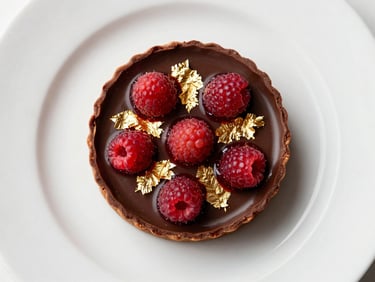 Overhead close-up of a plated dessert — a dark chocolate tart with gold leaf and raspberry coulis on white porcelain, studio strobe from above, clean white surface, precise symmetrical composition