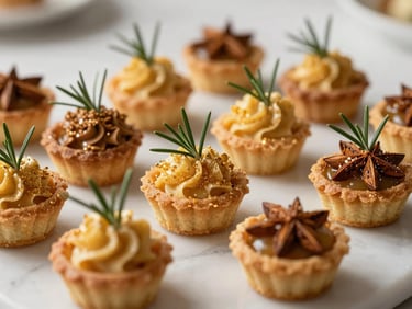 Macro close-up of a holiday dessert spread — gold-dusted petit fours and spiced tarts arranged on a white marble surface, garnished with fresh rosemary sprigs, soft neutral overhead studio light