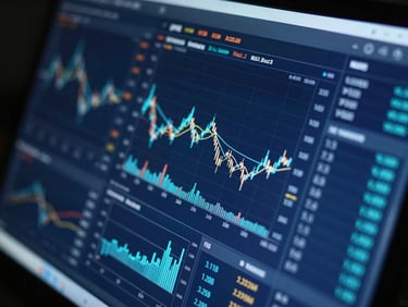 Macro shot of a screen displaying detailed financial graphs and analytics, cool studio lighting, blue and cyan tones, shallow depth of field.