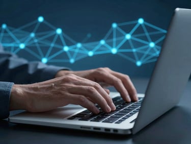 Close-up of hands typing securely on a laptop keyboard, abstract digital network visualization in the background, cool studio lighting.
